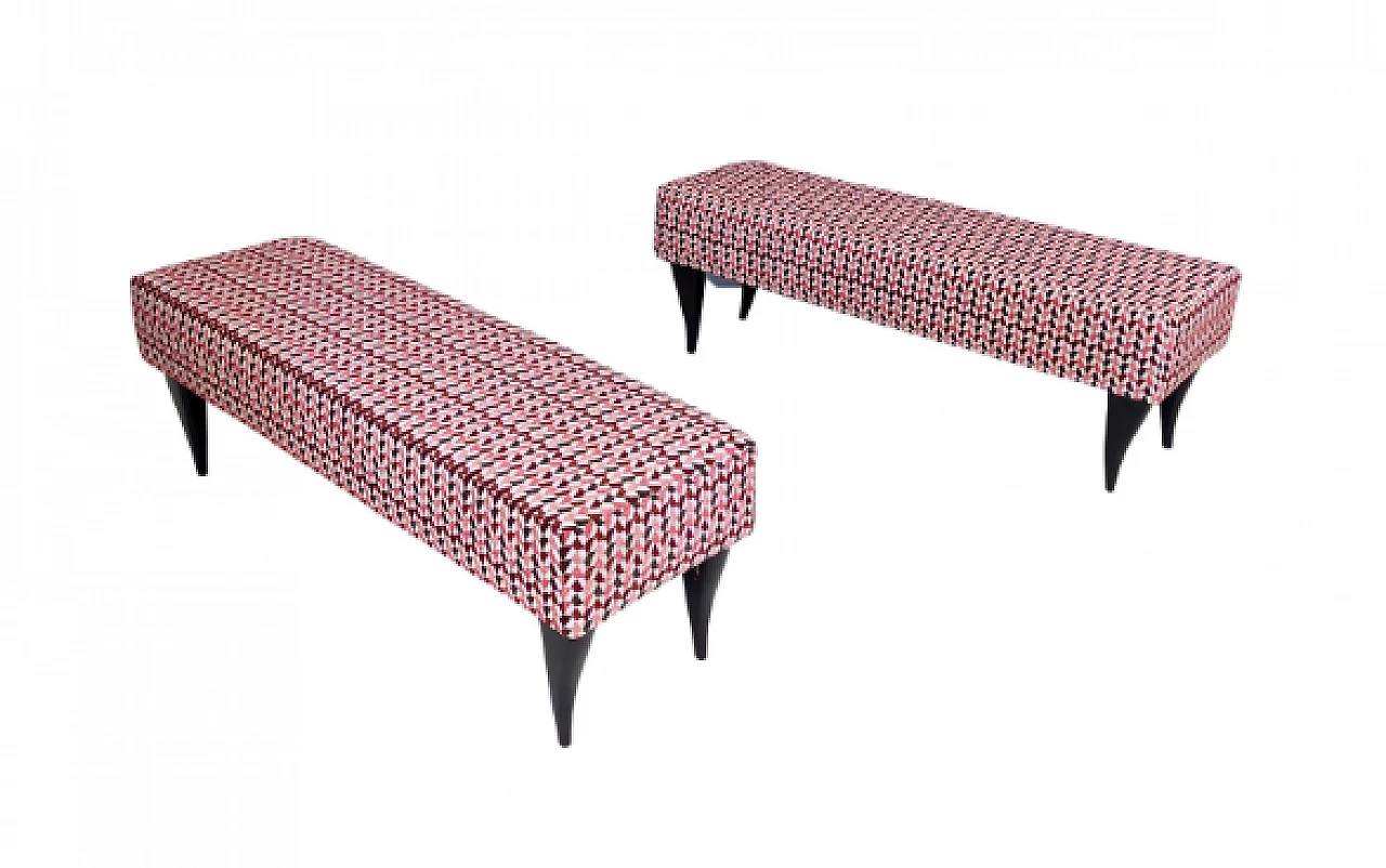 Pair of ebonized beech and geometric patterned fabric benches, 1950s 1