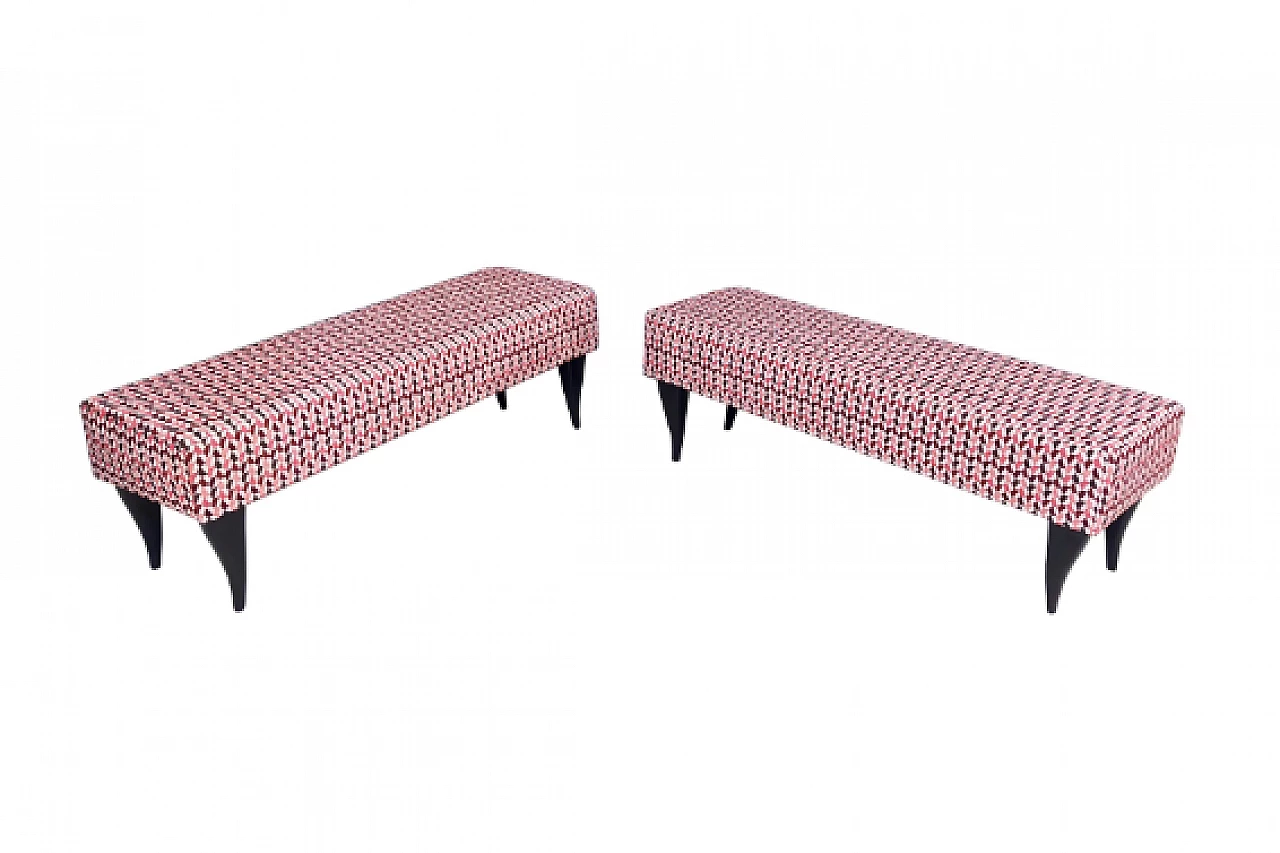 Pair of ebonized beech and geometric patterned fabric benches, 1950s 3