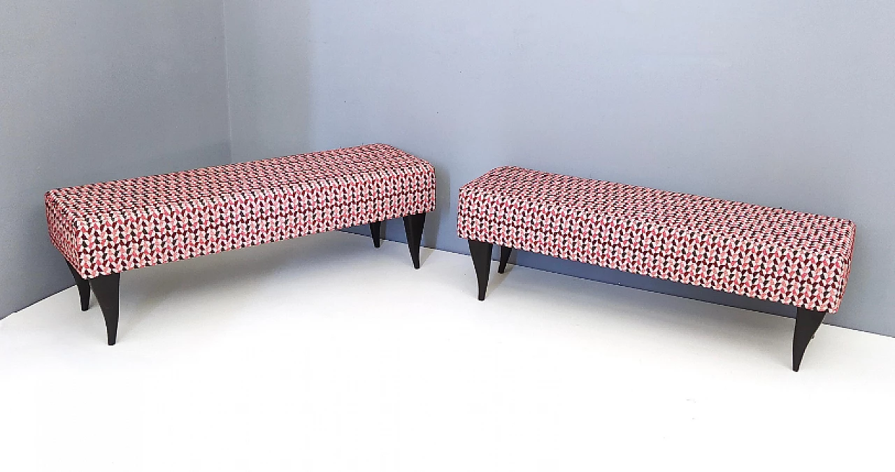 Pair of ebonized beech and geometric patterned fabric benches, 1950s 4