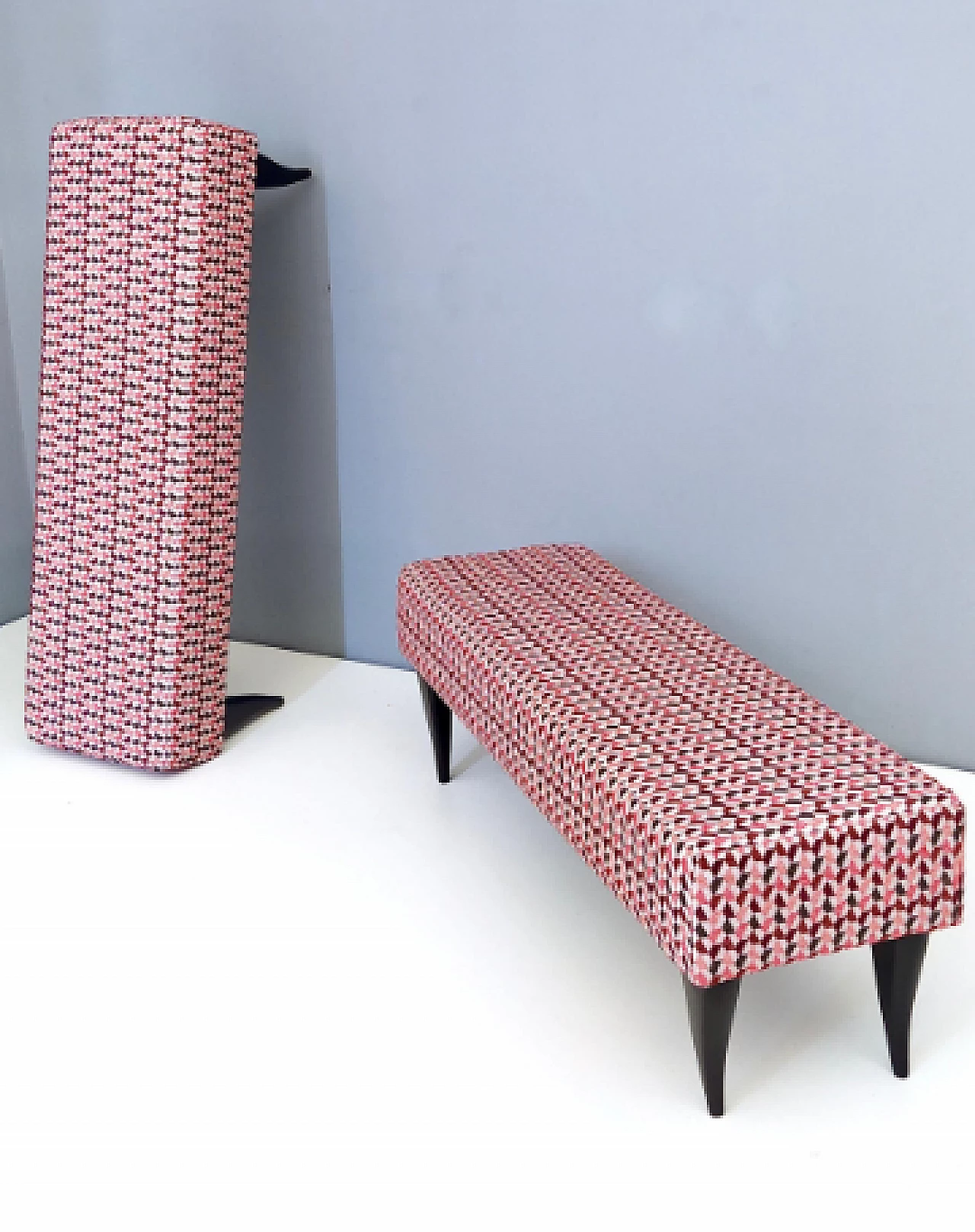Pair of ebonized beech and geometric patterned fabric benches, 1950s 5