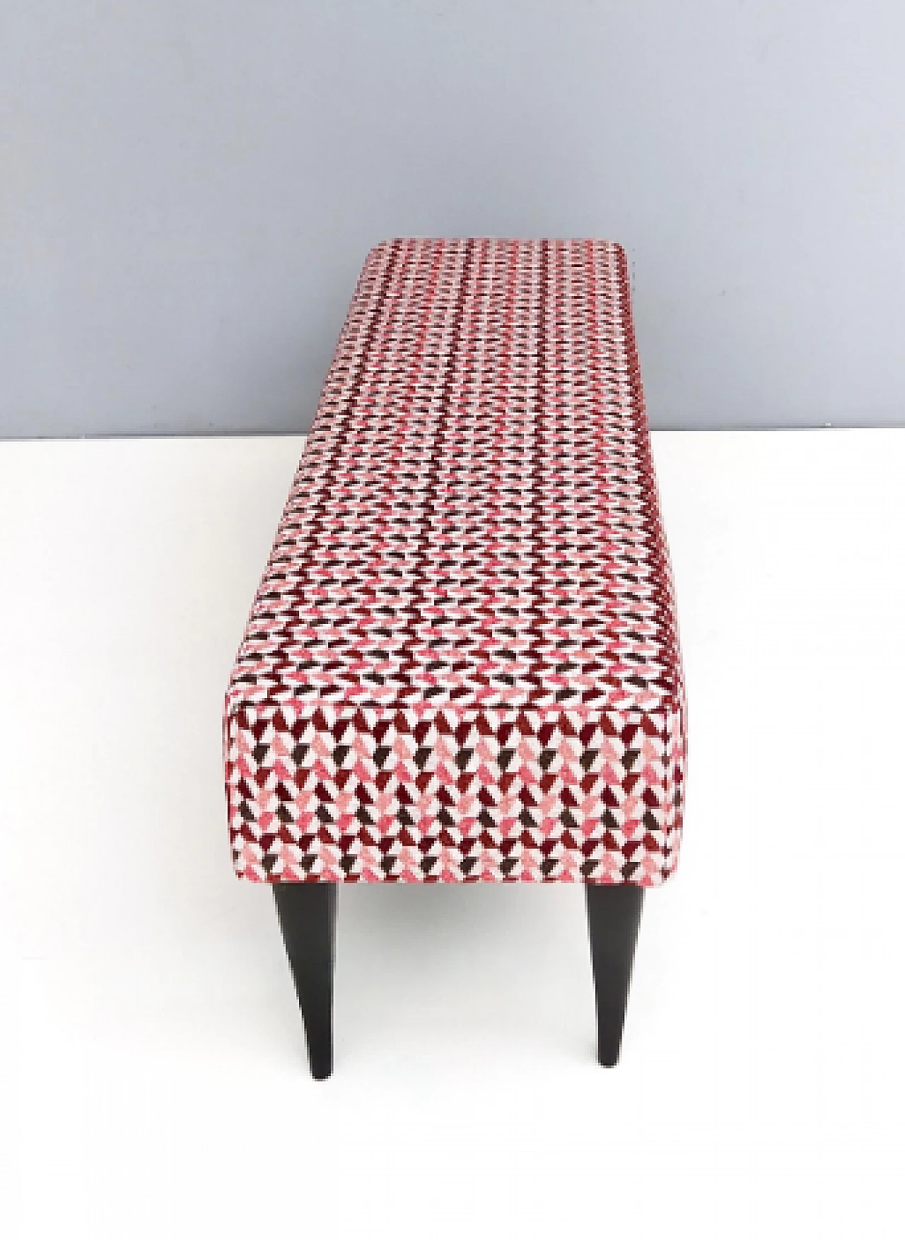 Pair of ebonized beech and geometric patterned fabric benches, 1950s 9