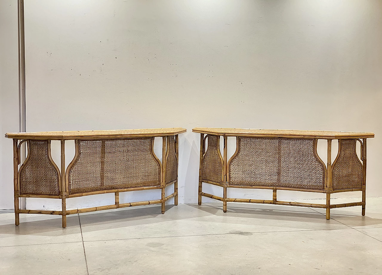 Pair of wicker and bamboo consoles, 1970s 1