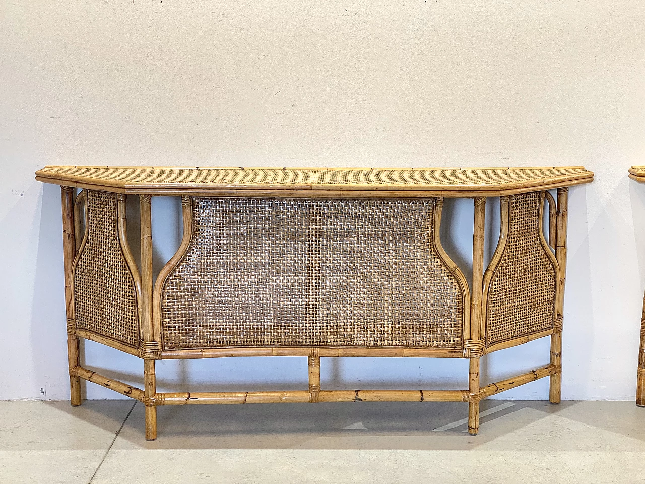 Pair of wicker and bamboo consoles, 1970s 2