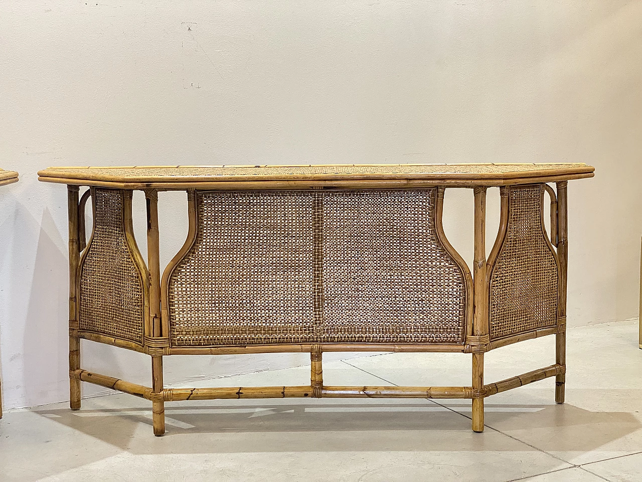 Pair of wicker and bamboo consoles, 1970s 3