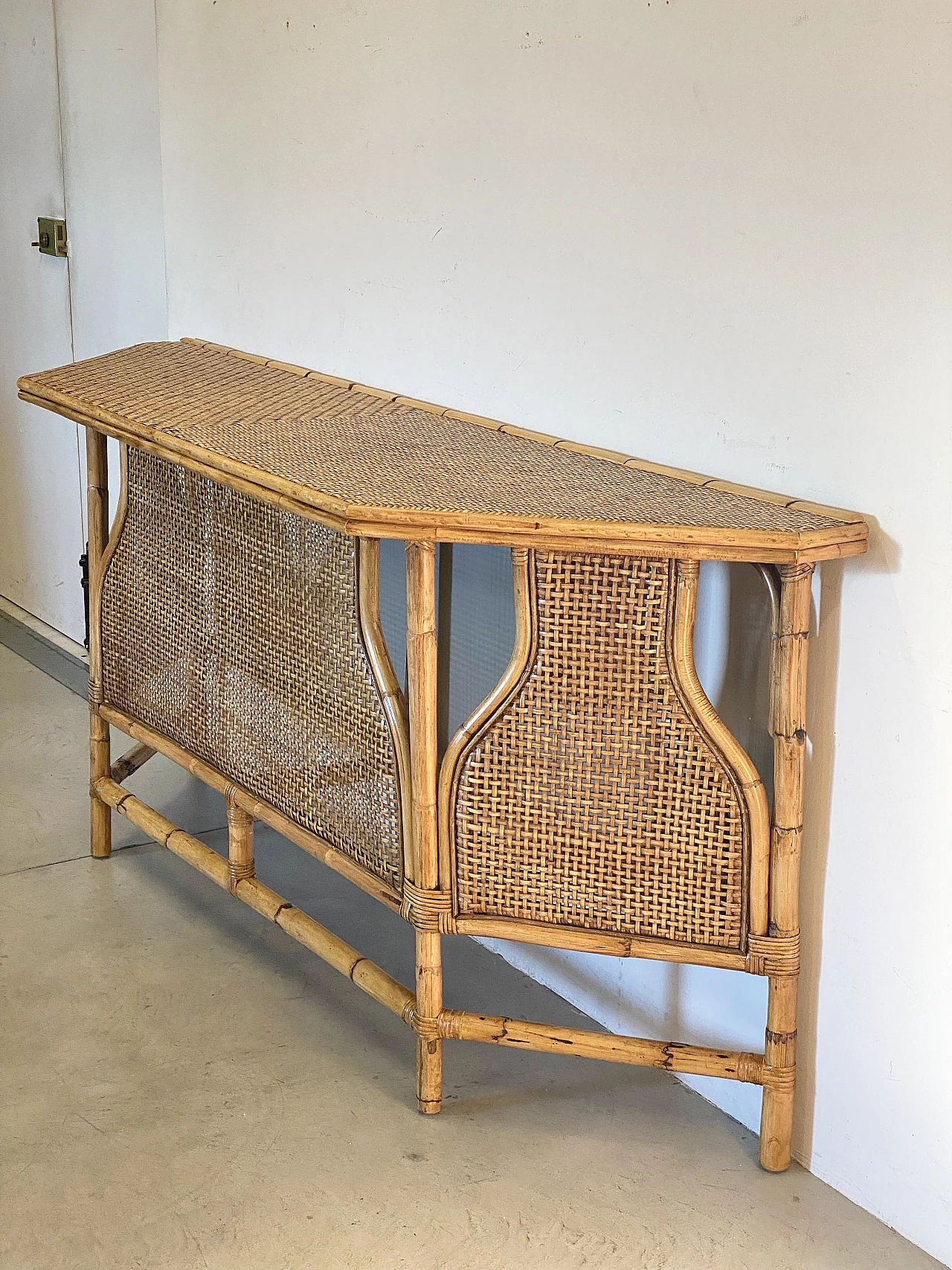 Pair of wicker and bamboo consoles, 1970s 9