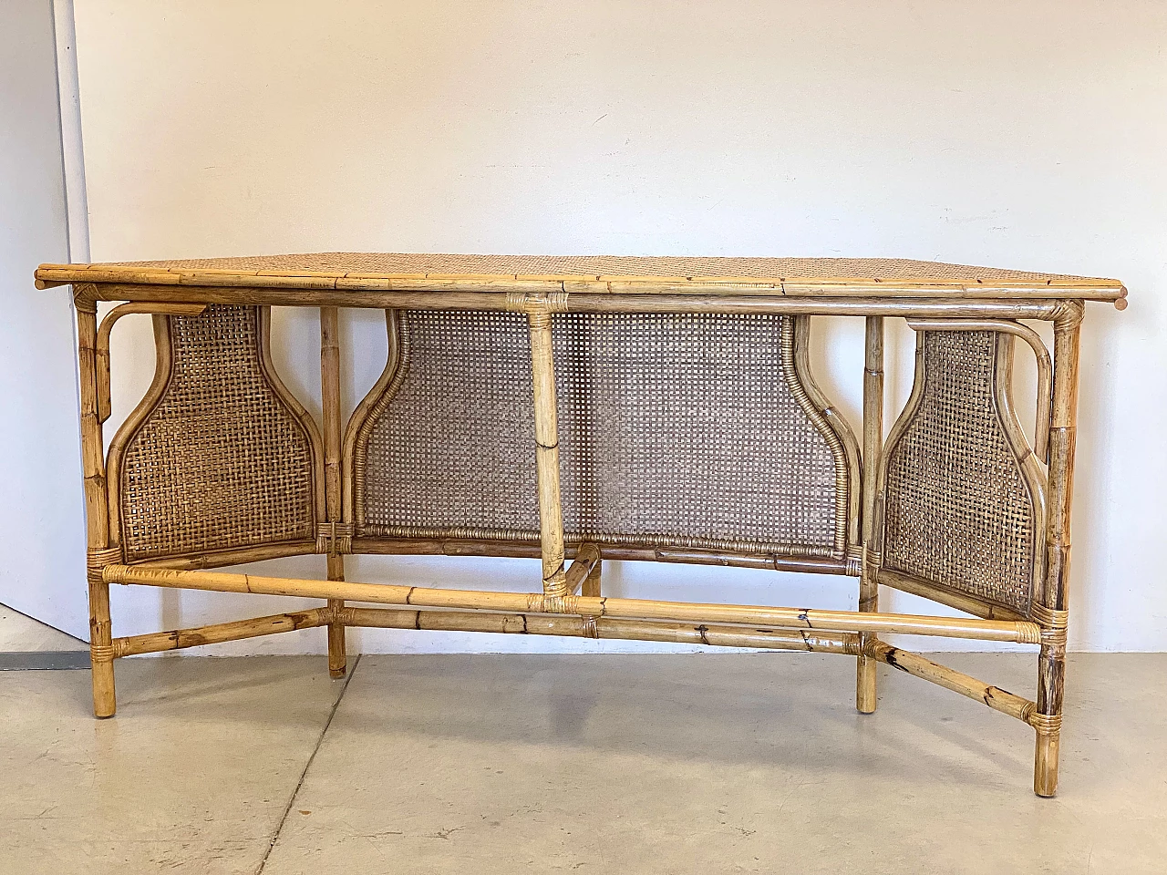 Pair of wicker and bamboo consoles, 1970s 11