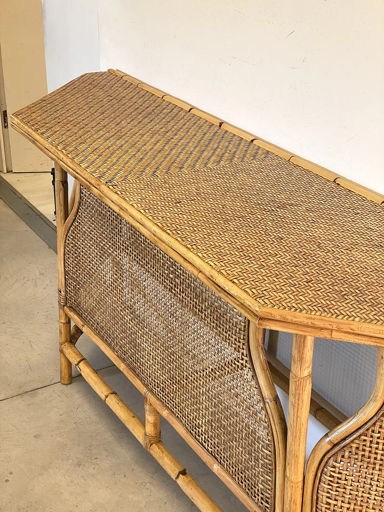 Pair of wicker and bamboo consoles, 1970s 16