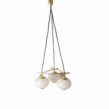 Chandelier with brass frame and frosted glass spheres, 1950s