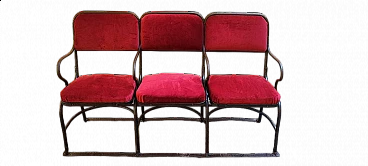 Panca da cinema a tre posti in metallo e velluto, anni '40