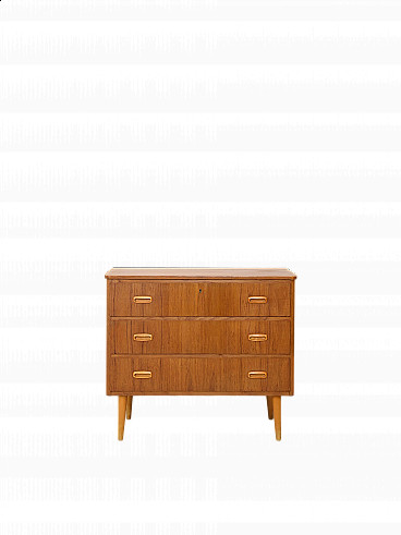 Swedish teak chest of drawers with birch handles and legs, 1960s