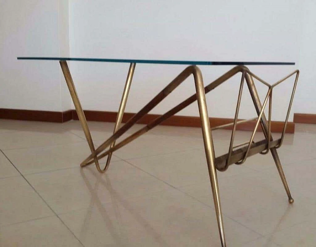 Brass and wood coffee table with magazine rack by Cesare Lacca, 1960s 2