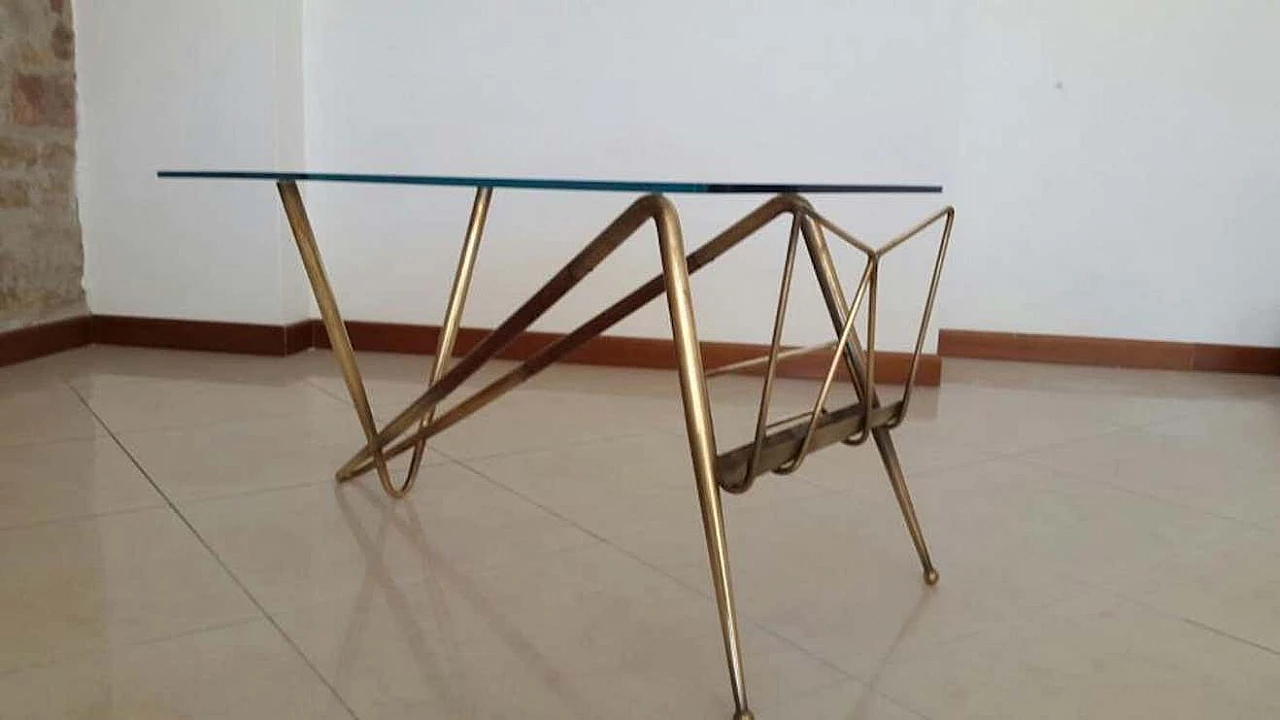 Brass and wood coffee table with magazine rack by Cesare Lacca, 1960s 4