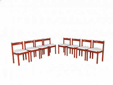 8 Chairs in red lacquered beech and white fabric, 1960s