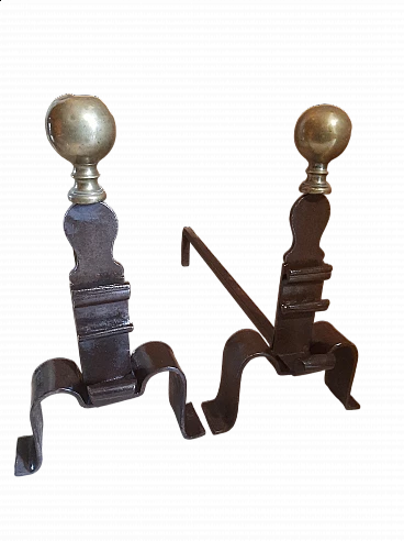Pair of wrought iron and brass andirons, late 18th century
