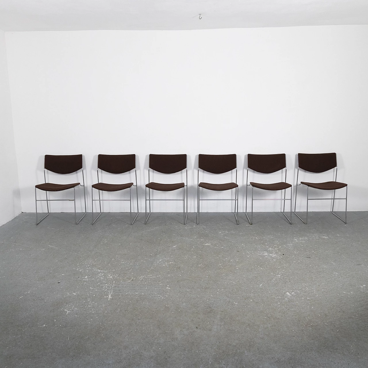 6 metal and fabric stacking chairs, 1970s 1
