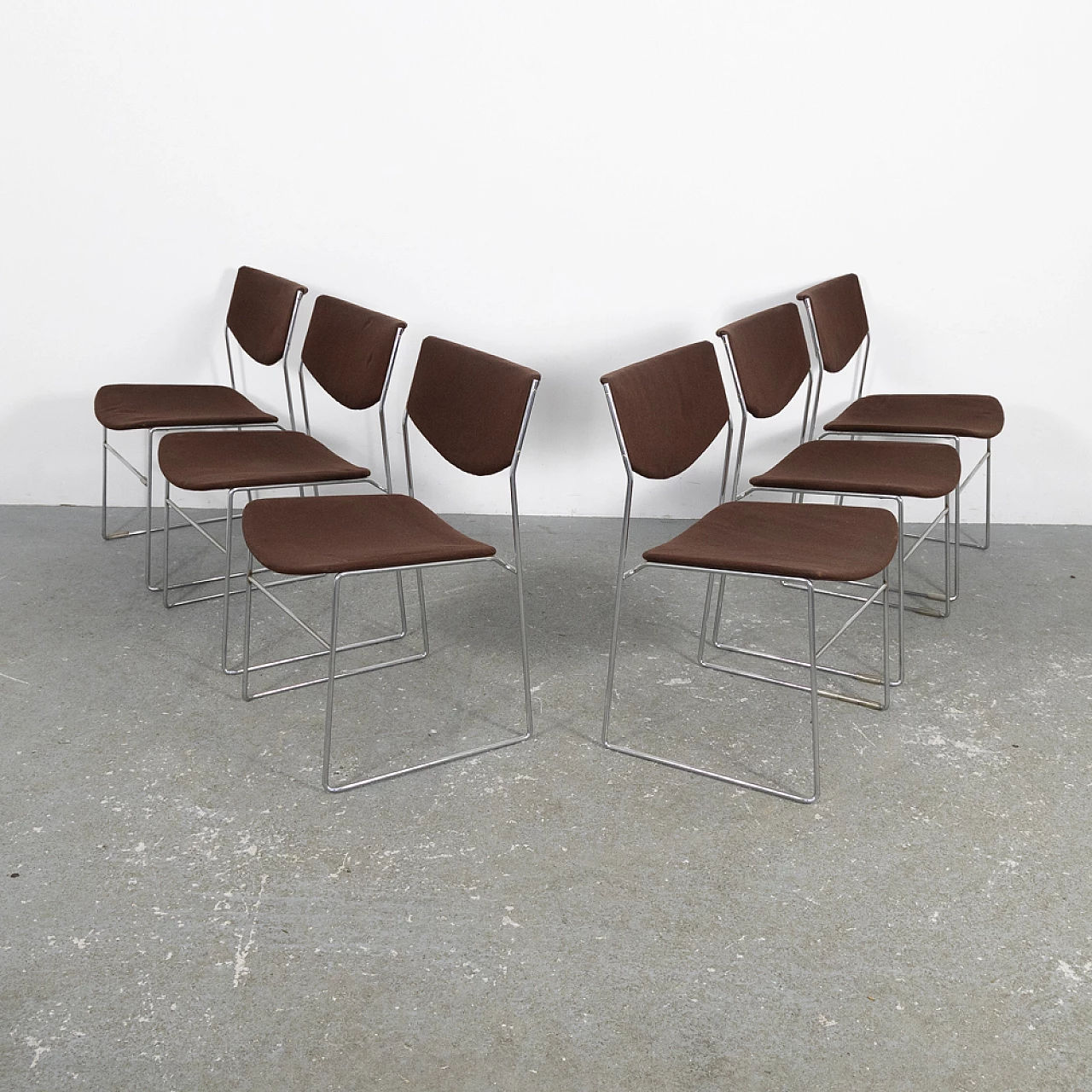 6 metal and fabric stacking chairs, 1970s 2