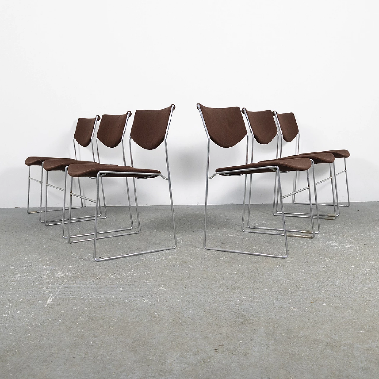 6 metal and fabric stacking chairs, 1970s 3