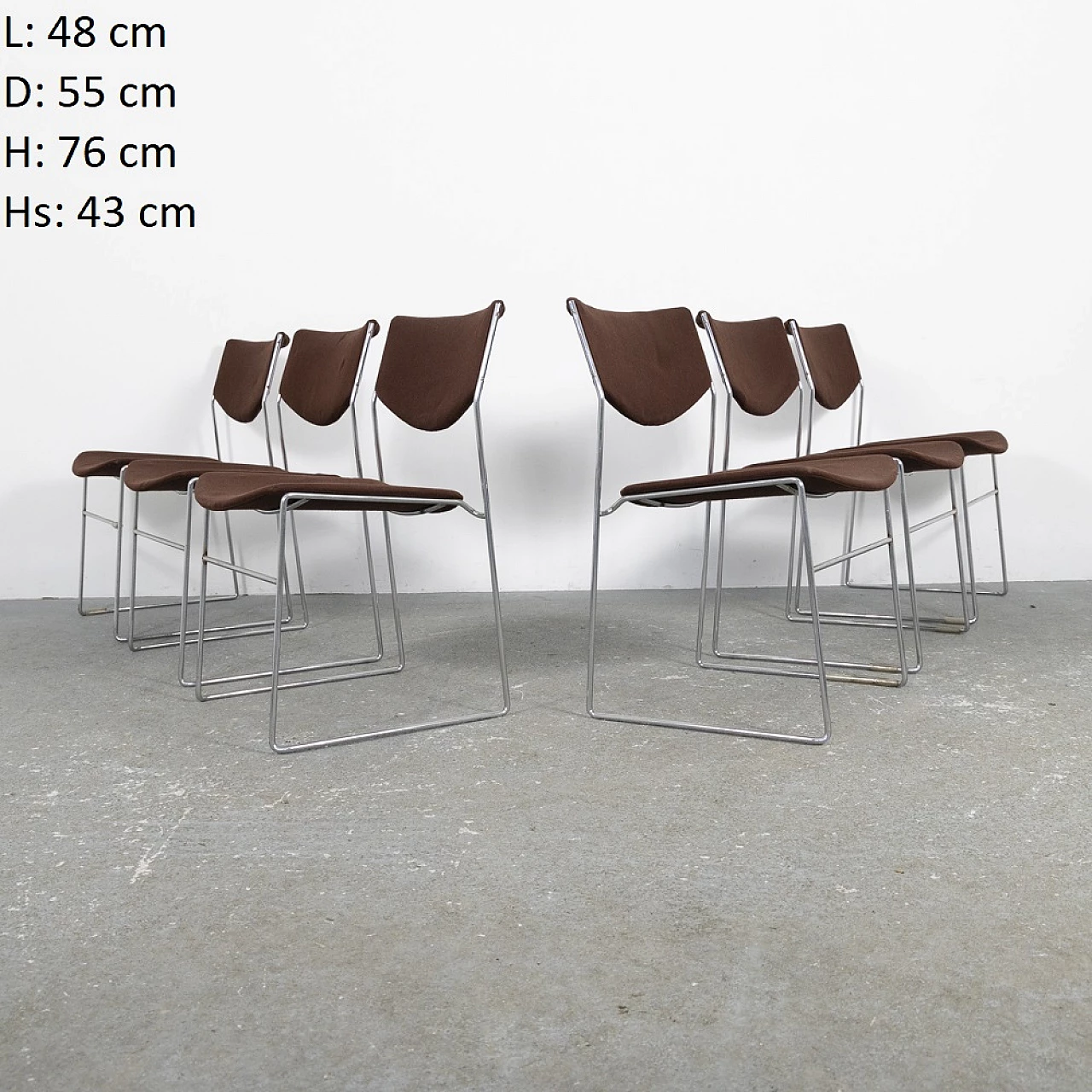 6 metal and fabric stacking chairs, 1970s 4