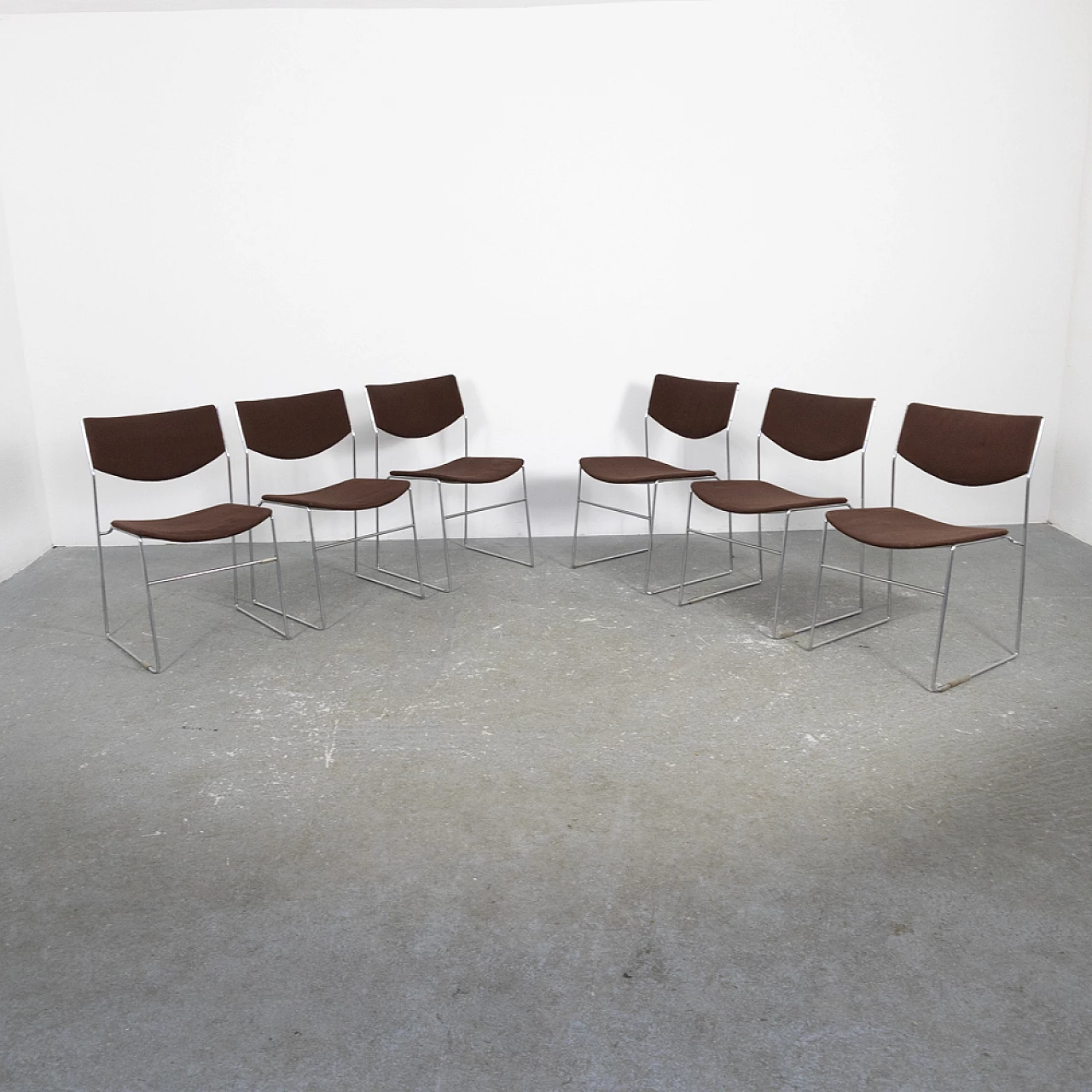 6 metal and fabric stacking chairs, 1970s 5