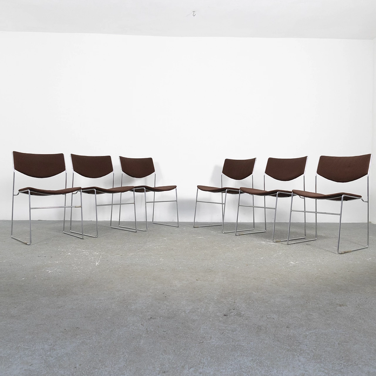 6 metal and fabric stacking chairs, 1970s 6