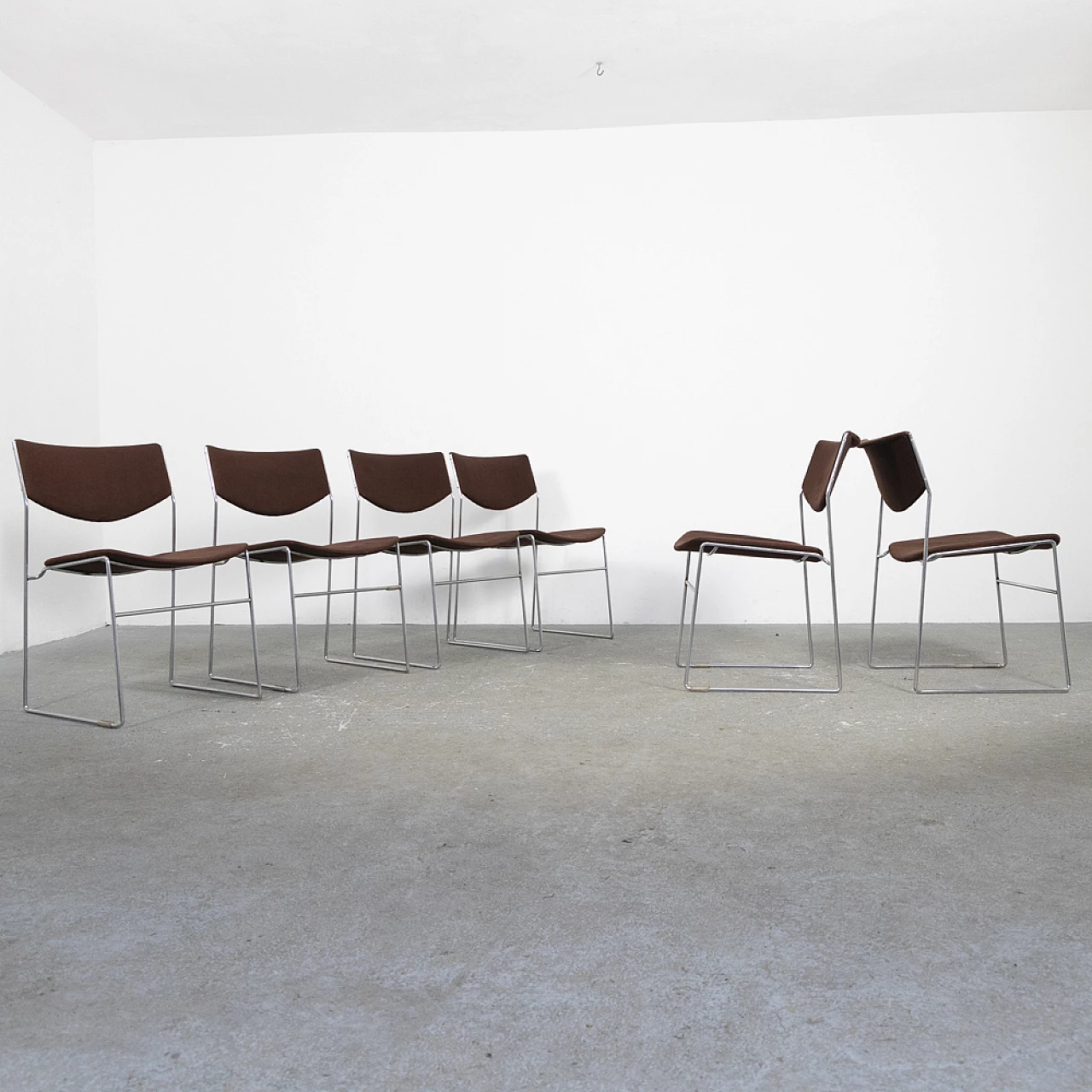 6 metal and fabric stacking chairs, 1970s 8