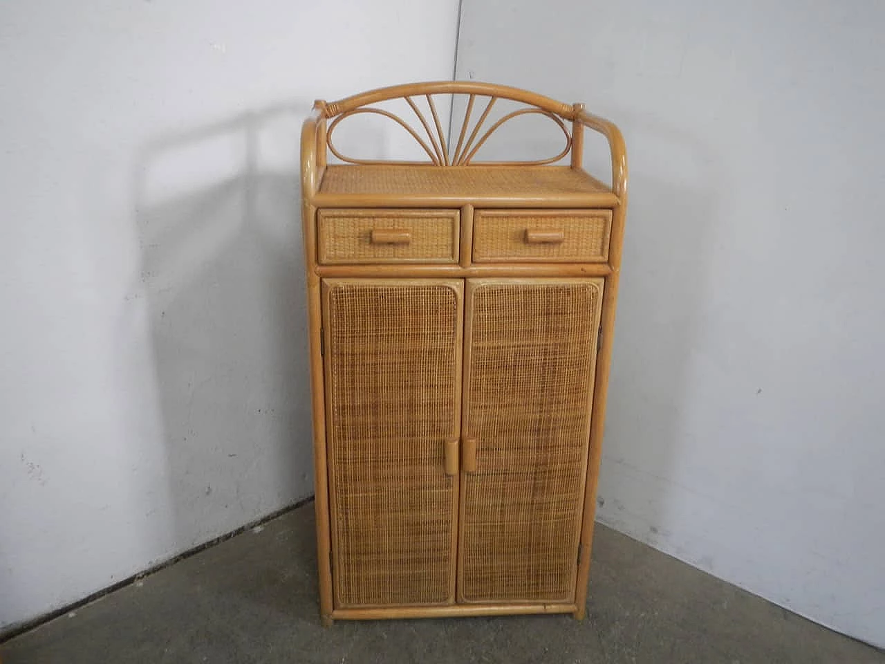 Rattan and spruce shoe rack sideboard, 1970s 1