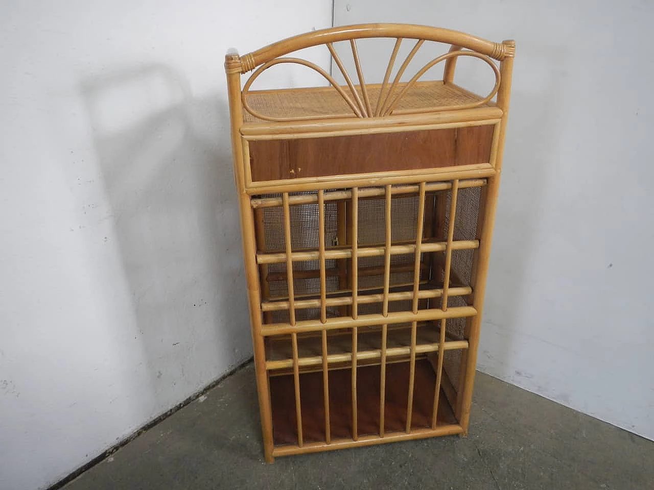 Rattan and spruce shoe rack sideboard, 1970s 3