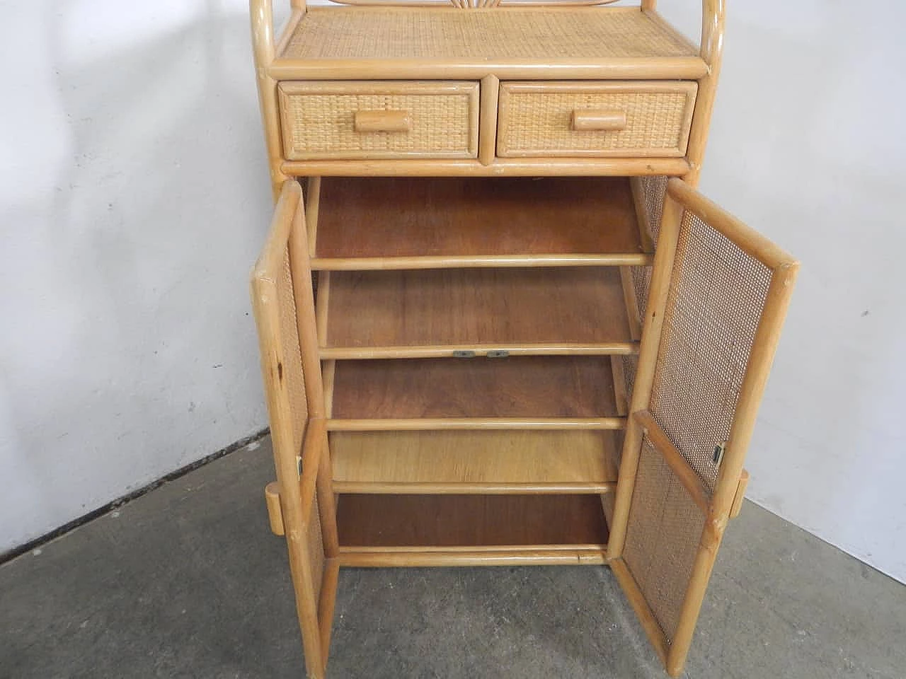 Rattan and spruce shoe rack sideboard, 1970s 4