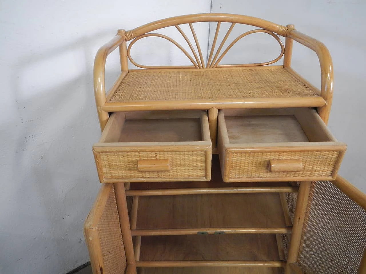 Rattan and spruce shoe rack sideboard, 1970s 5
