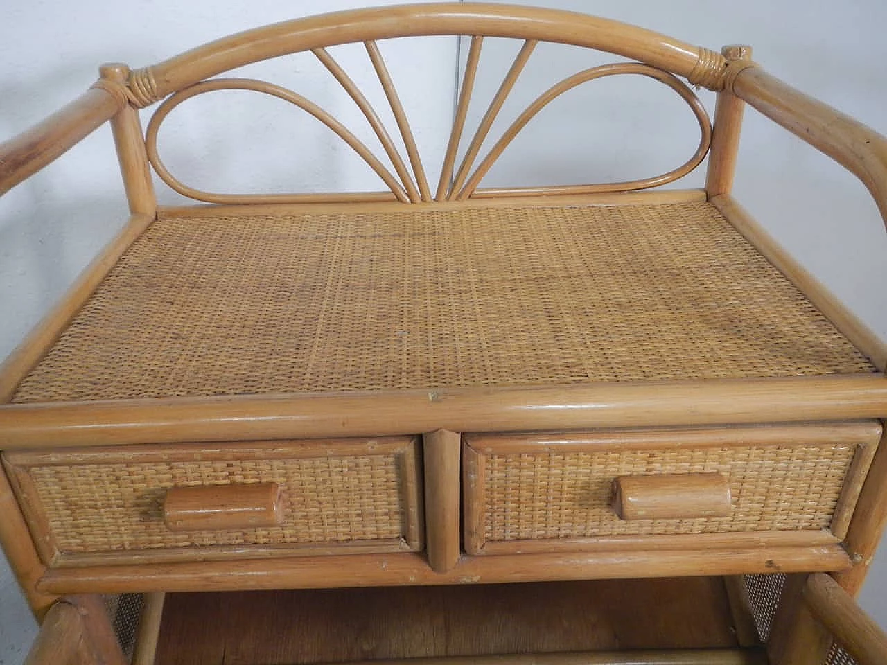 Rattan and spruce shoe rack sideboard, 1970s 6