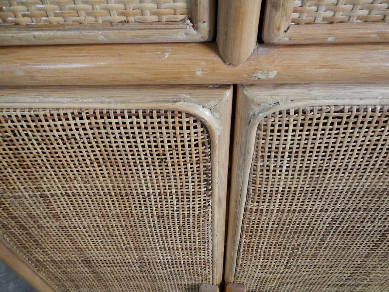 Rattan and spruce shoe rack sideboard, 1970s 9
