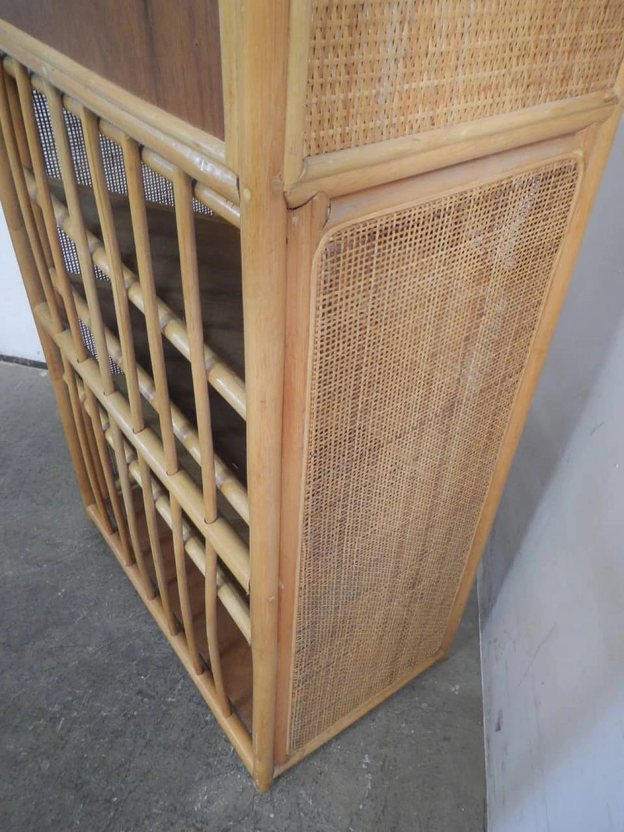 Rattan and spruce shoe rack sideboard, 1970s 11