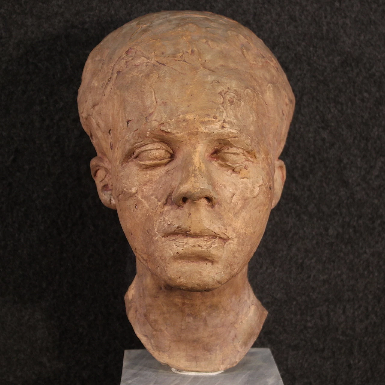 Terracotta sculpture of a man's face with marble base, 1960s 5