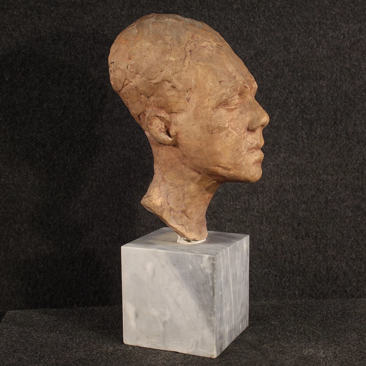 Terracotta sculpture of a man's face with marble base, 1960s 6