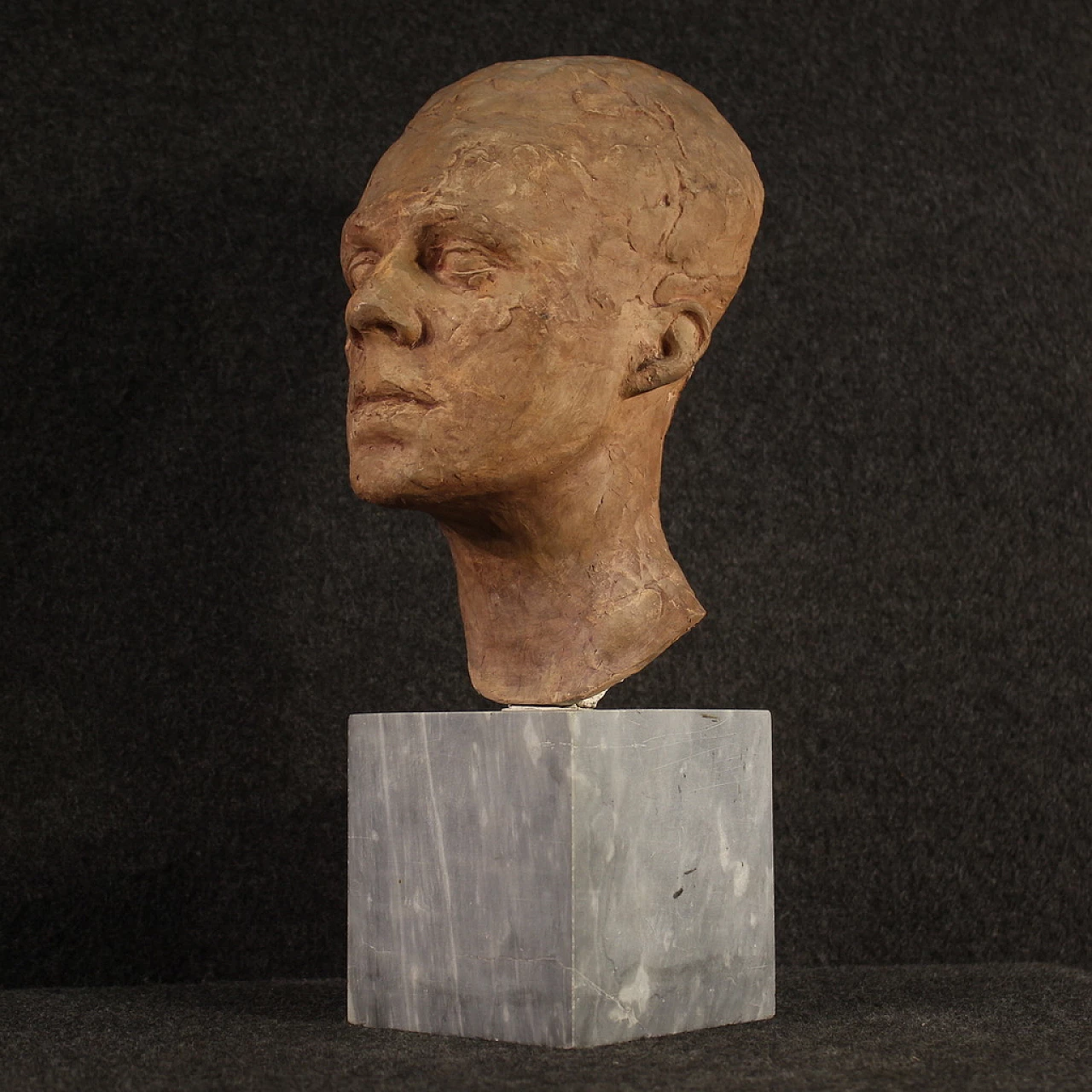 Terracotta sculpture of a man's face with marble base, 1960s 8