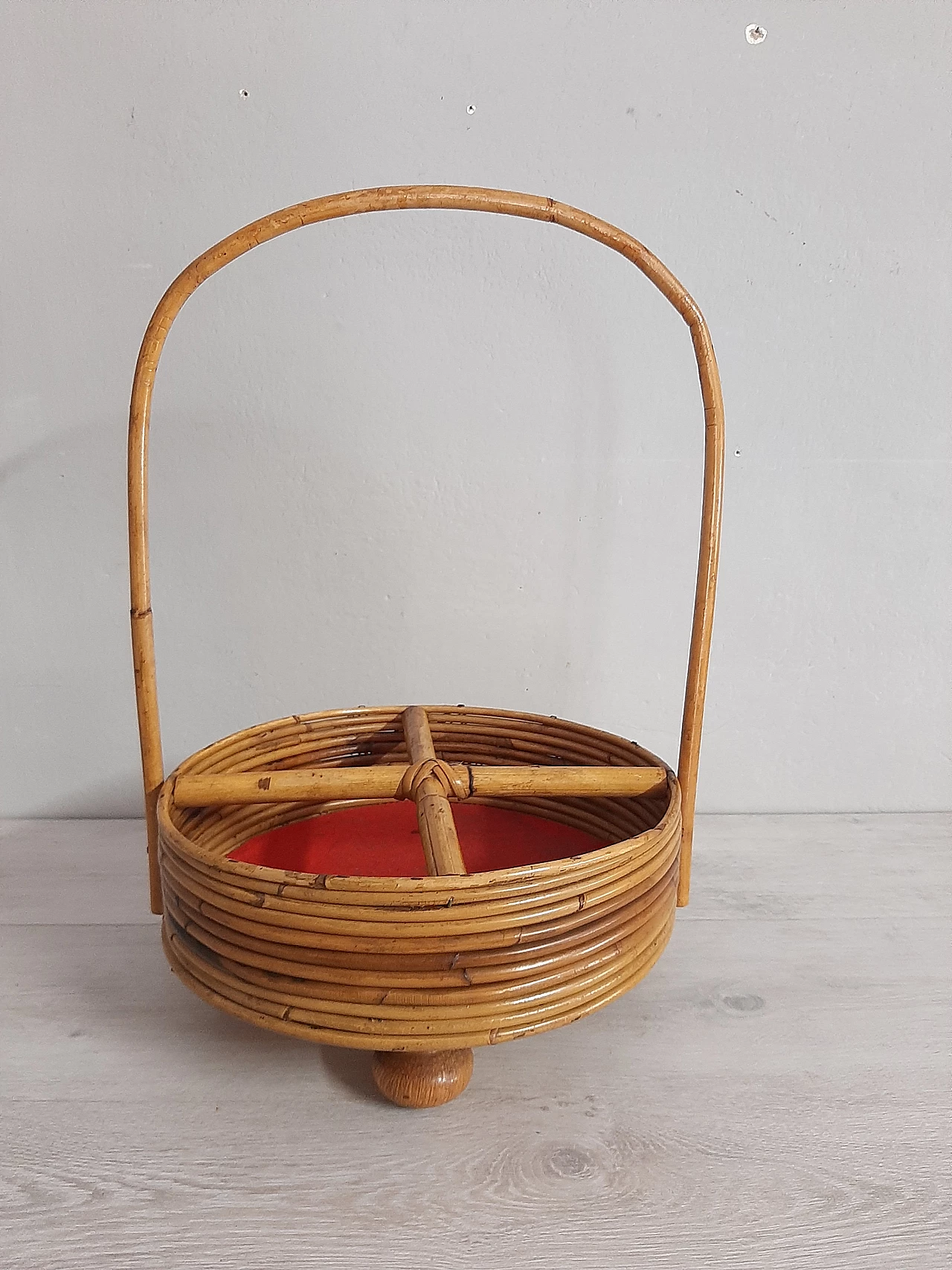 Bamboo basket with wooden feet, 1960s 1