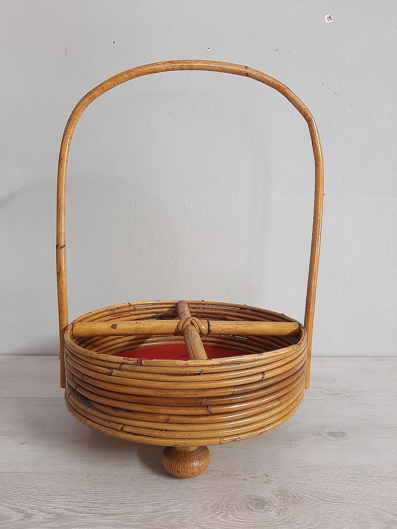 Bamboo basket with wooden feet, 1960s 2