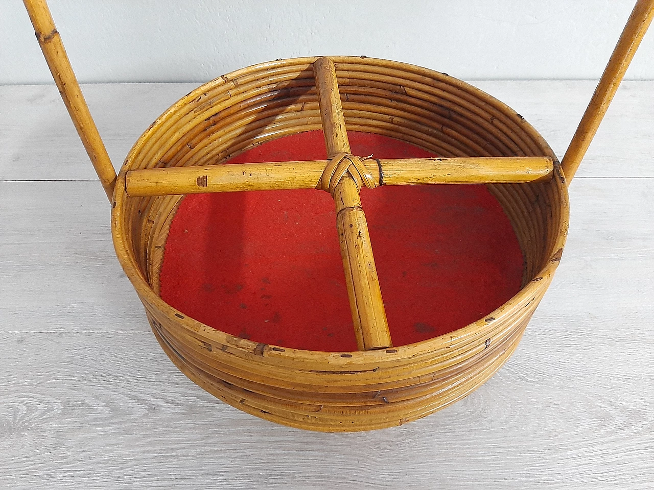Bamboo basket with wooden feet, 1960s 3
