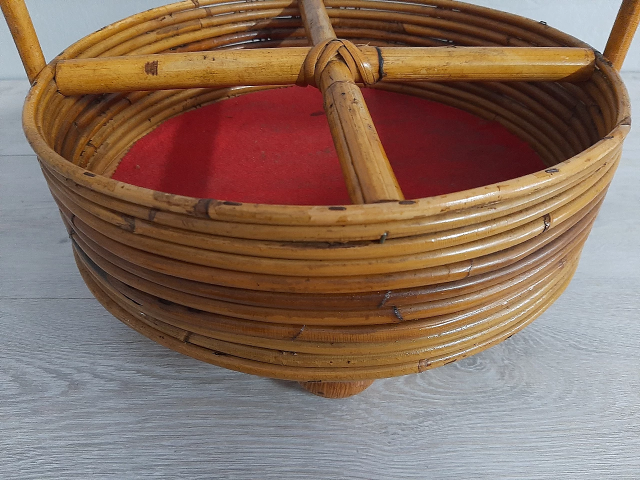 Bamboo basket with wooden feet, 1960s 4