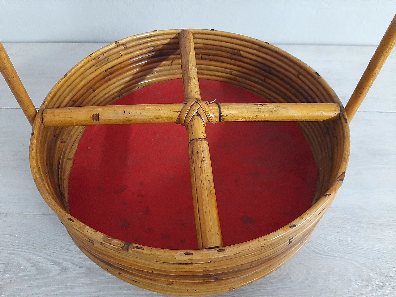 Bamboo basket with wooden feet, 1960s 5