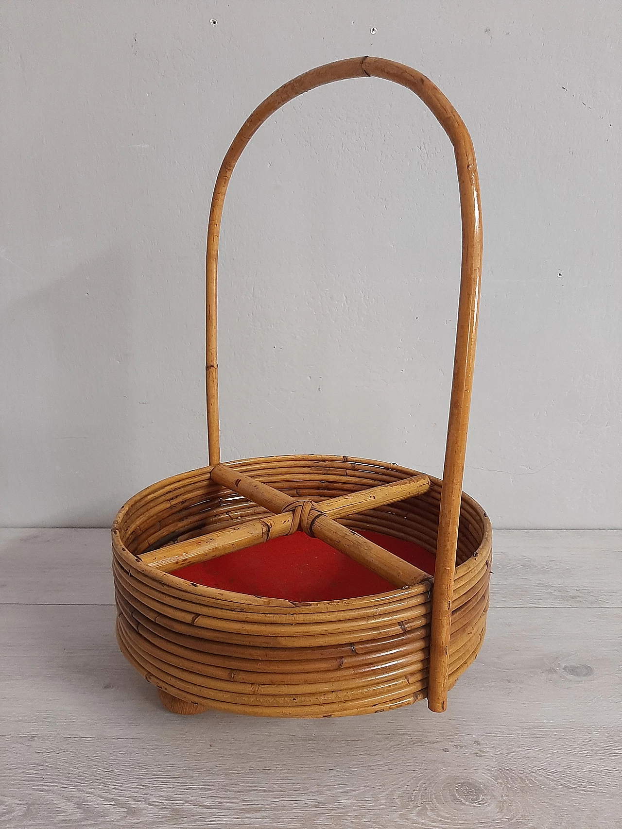 Bamboo basket with wooden feet, 1960s 6