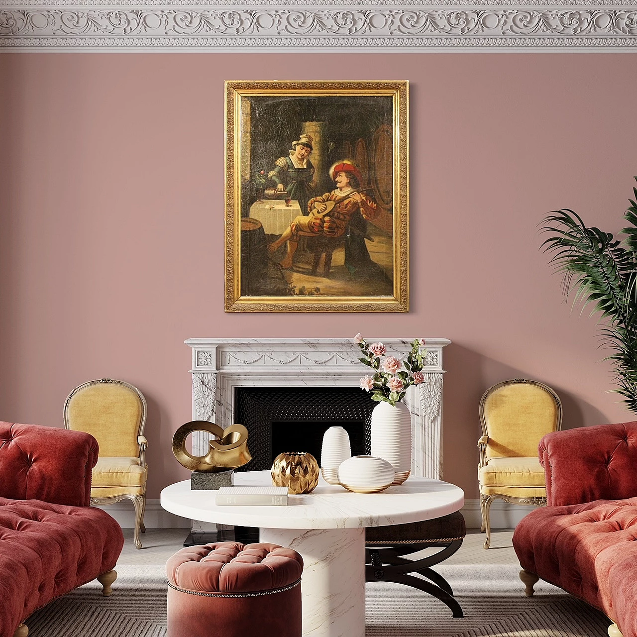 Painting depicting interior scene with musician, oil on canvas, 1920s 2