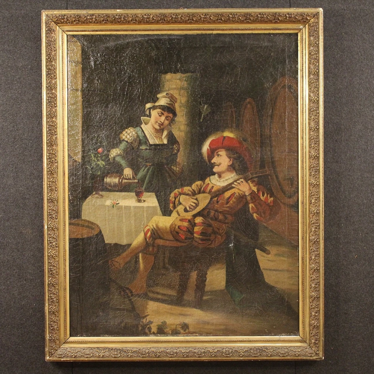 Dipinto raffigurante scena d'interno con musicista, olio su tela, anni '20 6