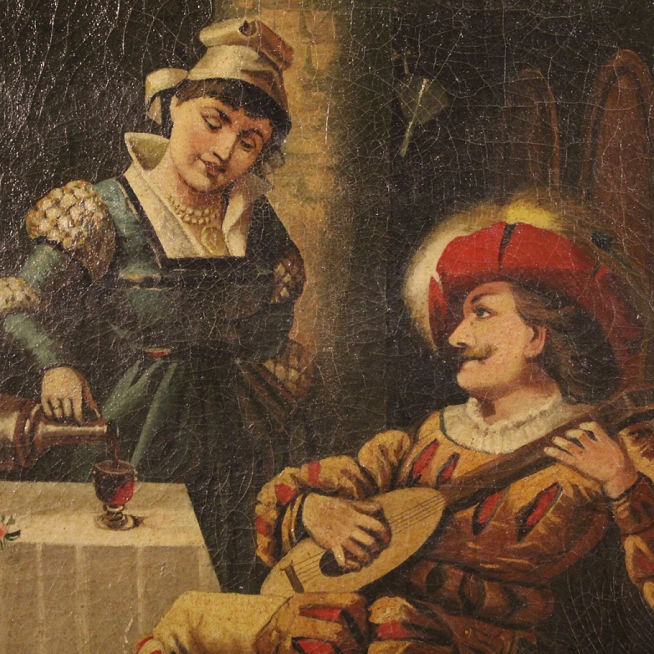 Dipinto raffigurante scena d'interno con musicista, olio su tela, anni '20 13