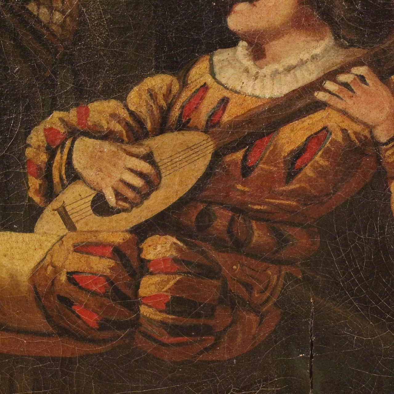 Dipinto raffigurante scena d'interno con musicista, olio su tela, anni '20 15