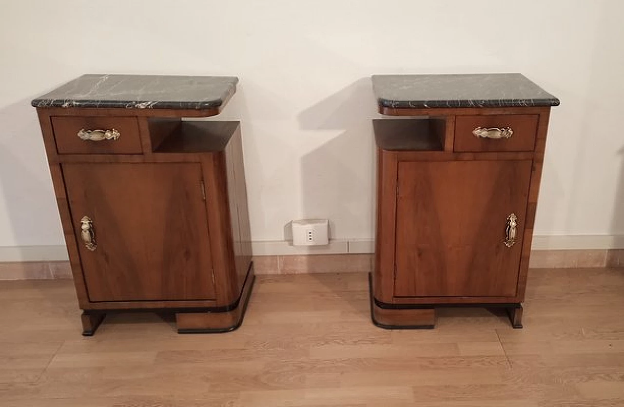 Pair of Art Deco walnut bedside tables with marble top, 1930s 1