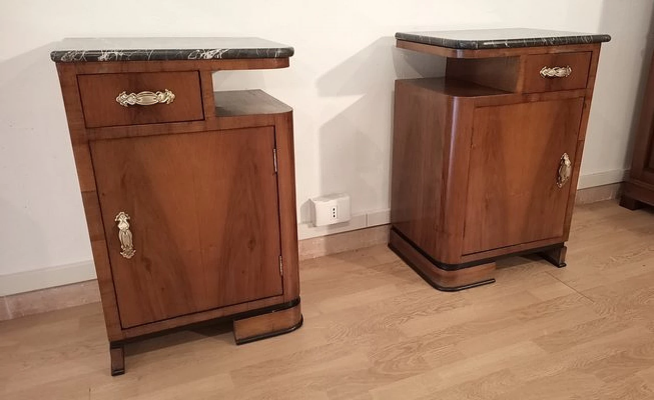 Pair of Art Deco walnut bedside tables with marble top, 1930s 2
