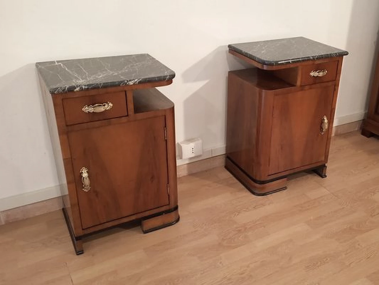 Pair of Art Deco walnut bedside tables with marble top, 1930s 3