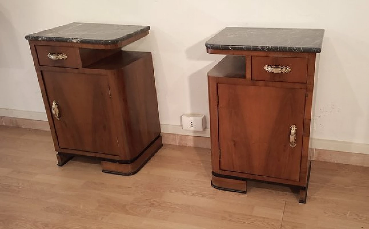 Pair of Art Deco walnut bedside tables with marble top, 1930s 4