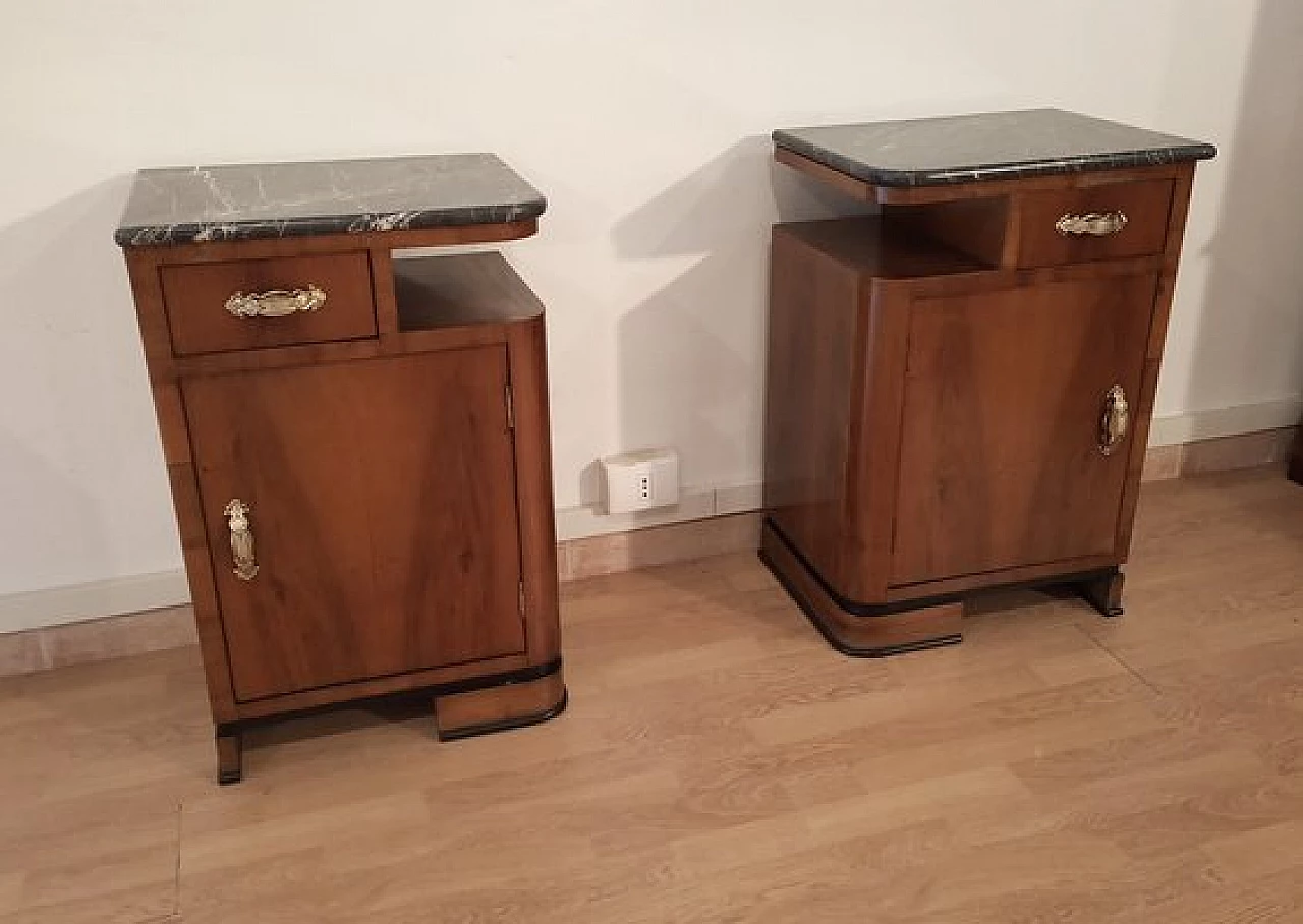 Pair of Art Deco walnut bedside tables with marble top, 1930s 5